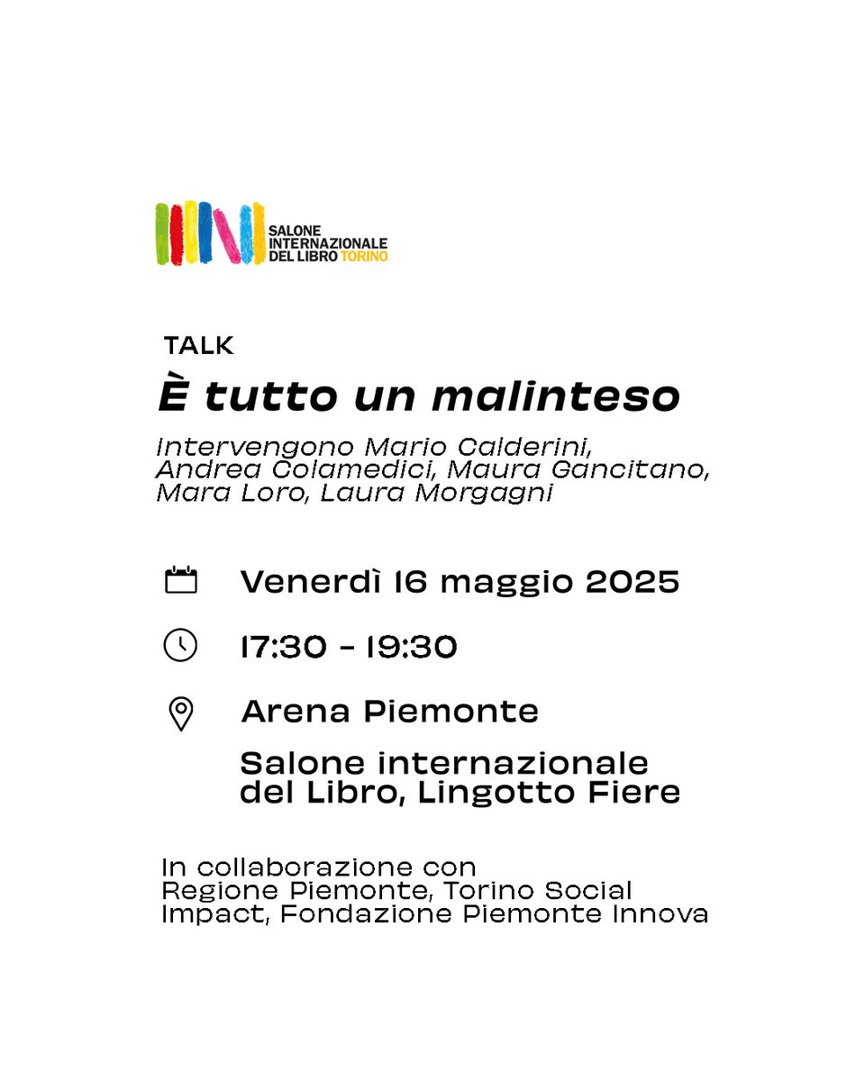 Torino Social Impact (@tosocialimpact) on Twitter photo 📚 Will we see you at <a href="/SalonedelLibro/">Salone Libro Torino</a>?
On May 16 do not miss “It’s All a Misunderstanding” - a talk on connection, philosophy & practice with <a href="/mariocalderini/">Mario Calderini</a> + guests at Arena Piemonte.
🎟️ Free entry! 👉 bit.ly/3EQD6IU
#TSIecosistema #SalTo2024 📚 Will we see you at <a href="/SalonedelLibro/">Salone Libro Torino</a>?
On May 16 do not miss “It’s All a Misunderstanding” - a talk on connection, philosophy & practice with <a href="/mariocalderini/">Mario Calderini</a> + guests at Arena Piemonte.
🎟️ Free entry! 👉 bit.ly/3EQD6IU
#TSIecosistema #SalTo2024