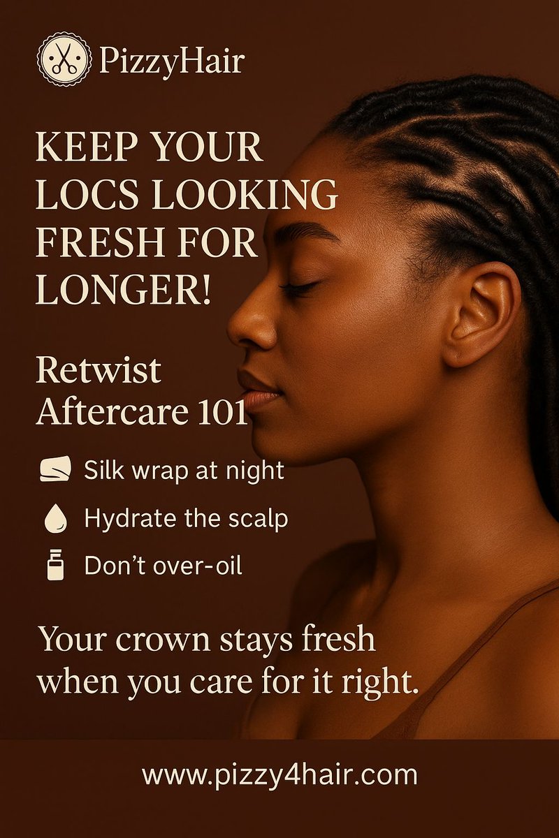 sergiopizzy's tweet image. Keep your locs looking fresh for longer!
Retwist Aftercare 101: silk wrap, hydrate the scalp, and don’t over-oil. 
The crown you invest in stays fresh longer. 
📍 Hackney
🏠 Home service available. 
🔗 pizzy4hair.com 

 #retwist #locmaintenance #hackneyhair #loctician