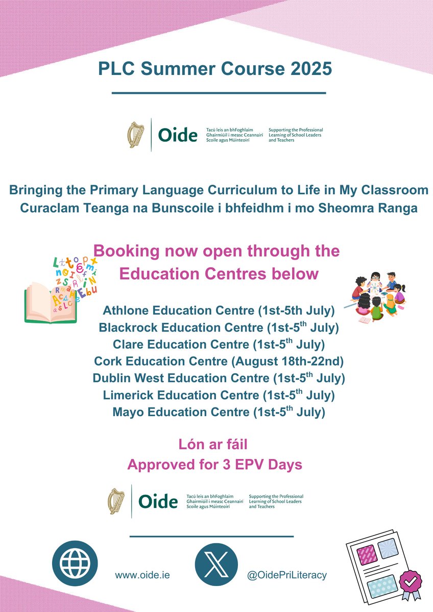 📕Join the @Oide  Primary Languages EPV Summer Course and get ready to transform your classroom practice!

Registration is now OPEN through an Education Centre near you! ☎️📅