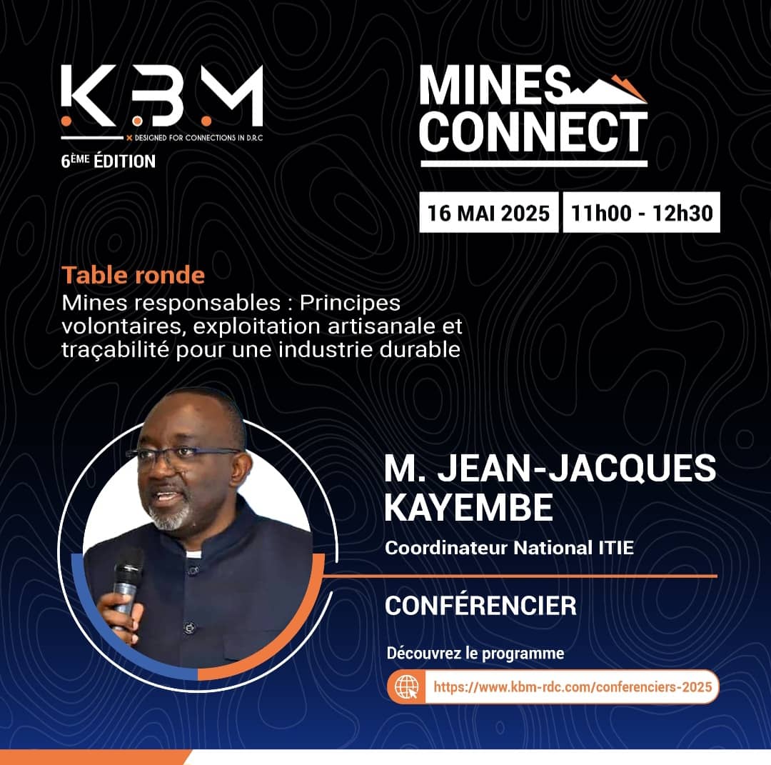 📢 <a href="/itierdc/">ITIE-RDC</a> sera au <a href="/kbm2025/">KBM 2025</a> à #Kolwezi du 14 au 16 mai 2025 <a href="/JJ_Kayembe/">Jean Jacques Kayembe</a> interviendra le 16 mai sur :  « Mines responsables : principes volontaires, artisanat &amp; traçabilité » Cap sur une industrie minière durable !
#ITIE #KBM2024 #Transparence #RDC #Gouvernance #Mines