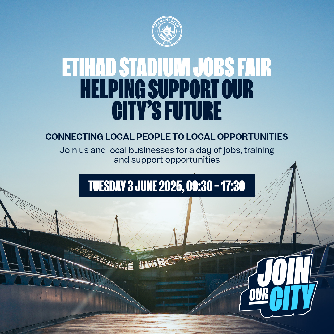 Join us at the Etihad Stadium on Tuesday, 3 June for a day of jobs, training and support opportunities.

We're connecting local people to local opportunities. 

So, why not come down and see what could benefit your career. #ManchesterJobs #YES