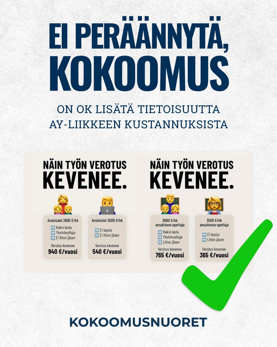 Ay-liikkeen suuttumisen pelosta ei pidä pyydellä anteeksi. On täysin oikeutettua viestiä avoimesti, mitä ammattiliittoon kuuluminen maksaa ja miten verovähennysten poistaminen vaikuttaa.

kokoomusnuoret.fi/kannanotot/202…