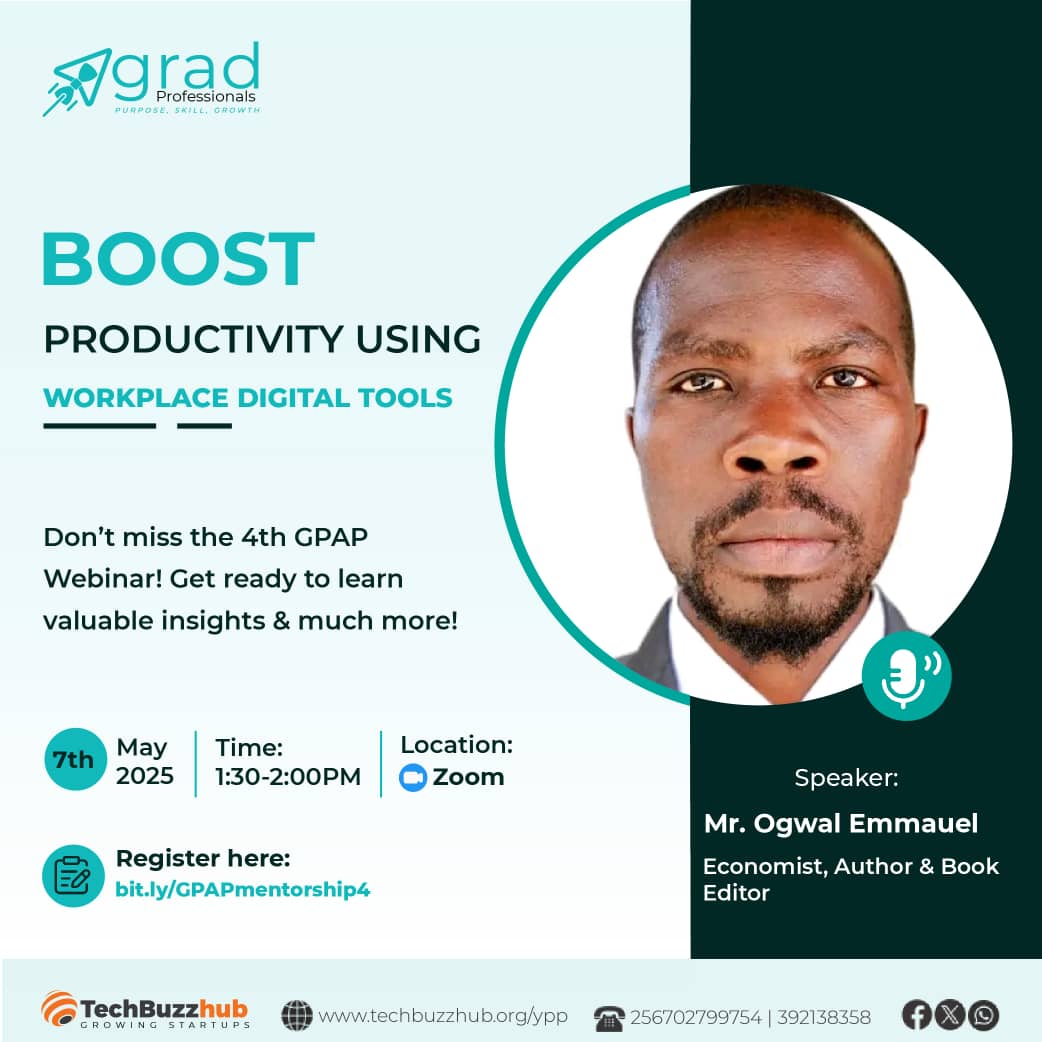 Our director , Mr. <a href="/e_ogwal/">Ogwal Emmanuel Atum</a> will be speaking at the 4th GPAP Webinar on Boosting Productivity Using Workplace Digital Tools!
     Date: May 7th, 2025
     Time: 1:30 PM – 2:00 PM (Nairobi Time)
     Location: Zoom
     Register here: bit.ly/GPAPmentorship4
 Invite others