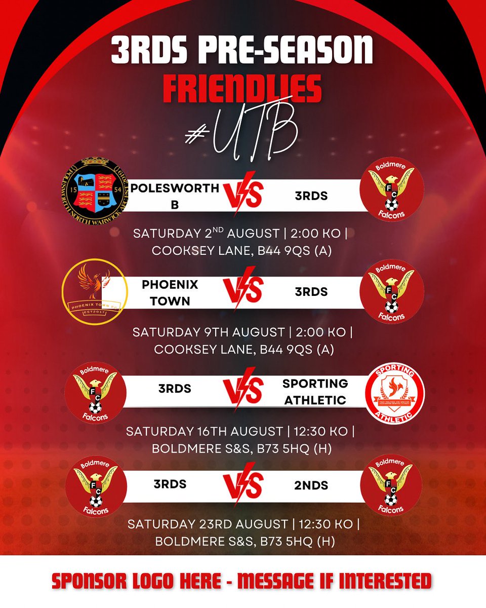 𝐏𝐫𝐞-𝐒𝐞𝐚𝐬𝐨𝐧 𝟐𝟓/𝟐𝟔 𝐂𝐨𝐧𝐟𝐢𝐫𝐦𝐞𝐝..

Our A side have a jam packed August with friendlies to prepare them for the 2025/26 season in <a href="/BirminghamFL/">Birmingham League</a> 

#UTB ❤️🖤