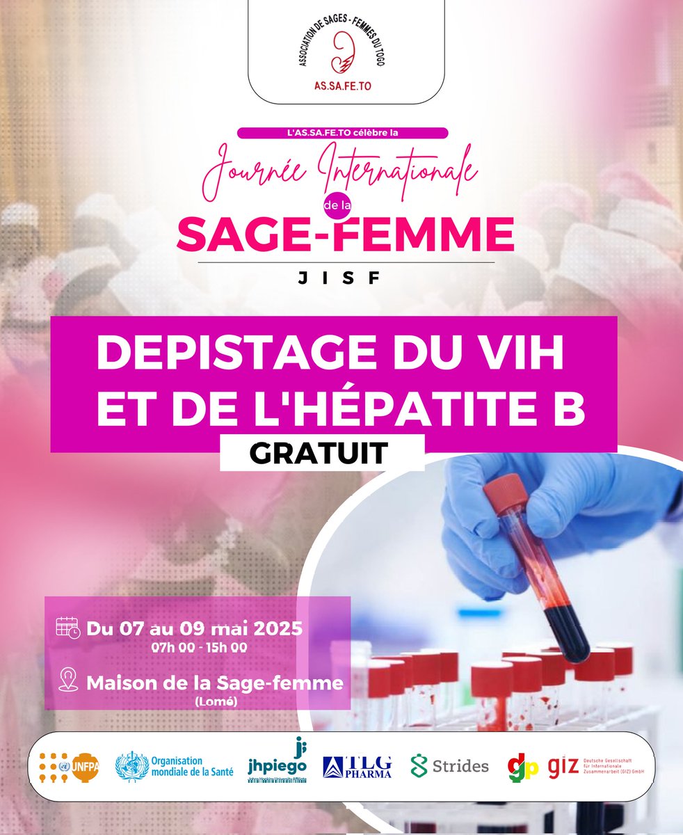 Le programme se poursuit ! Du 07 au 09 mai, rendez-vous à la Maison de la Sage-Femme à Lomé pour bénéficier d’un dépistage gratuit de l’hépatite B et du VIH.

#sagefemme #jisf #depistage #hepatiteb #vih