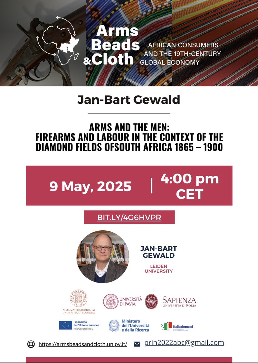 Don’t miss our next seminar!
🔴 “Arms and the Men: Firearms and Labour in the Context of the Diamond Fields of South Africa 1865-1900” with Jan-Bart Gewald
📍 9 May 2025, 4 p.m. CET, online
🔗 BIT.LY/4G6HVPR