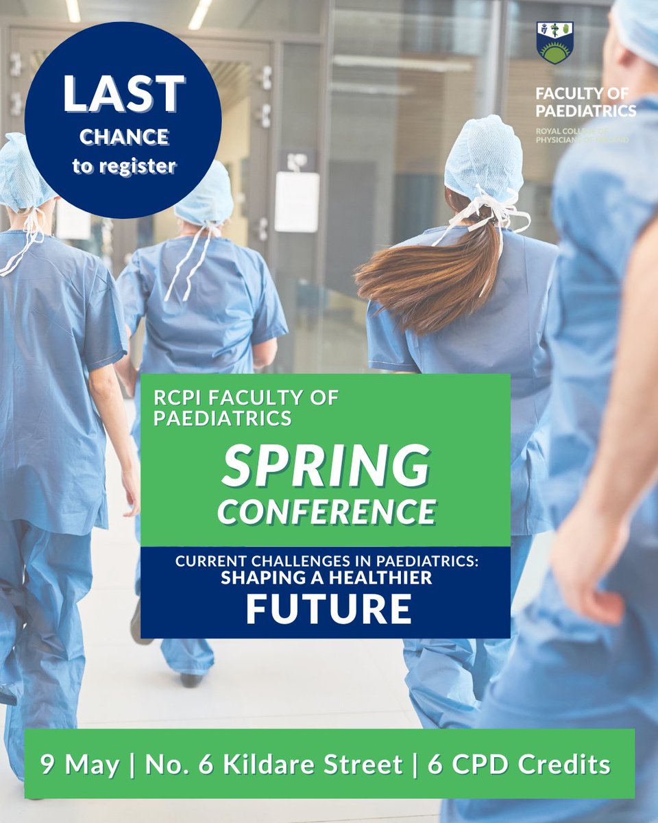 🚨 This is your last chance to register for RCPI Faculty of Paediatrics's Spring Conference.

A key meeting in the college year, this conference will explore the challenges facing the specialty. 

📅 9 May
6️⃣ CPD Credits 

Book now 👉 web-eur.cvent.com/event/242ab367…