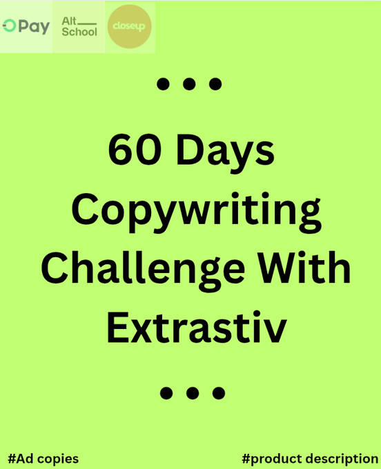 MsLauraEleojo's tweet image. Showing Up and Going Big

I’m 25 days late to the #CopywritingChallenge with @Extrastiv . So what? 

Starting from Day 1 TODAY—because progress &amp;gt; perfection. Who’s in?