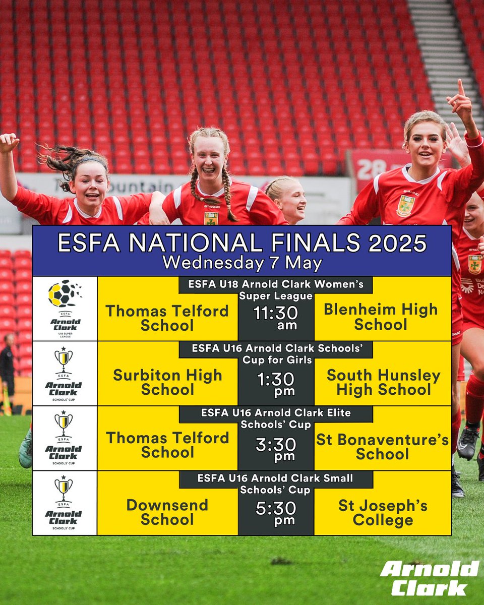 💥ESFA National Finals💥

Day 4 of the ESFA National Finals starts at 11:30am
11:30 <a href="/tts_sport/">TTS Sport</a> v @blenheimepsom @blenheimchelsea
13:30 <a href="/SportsSHS/">SHS || Sport</a> v South Hunsley School  
15:30 <a href="/tts_sport/">TTS Sport</a> v St Bonaventure’s RC School 
17:30 <a href="/DownsendSport/">Downsend Sport</a> v @mystjossport 

<a href="/ArnoldClark/">Arnold Clark</a> 🏆

💻