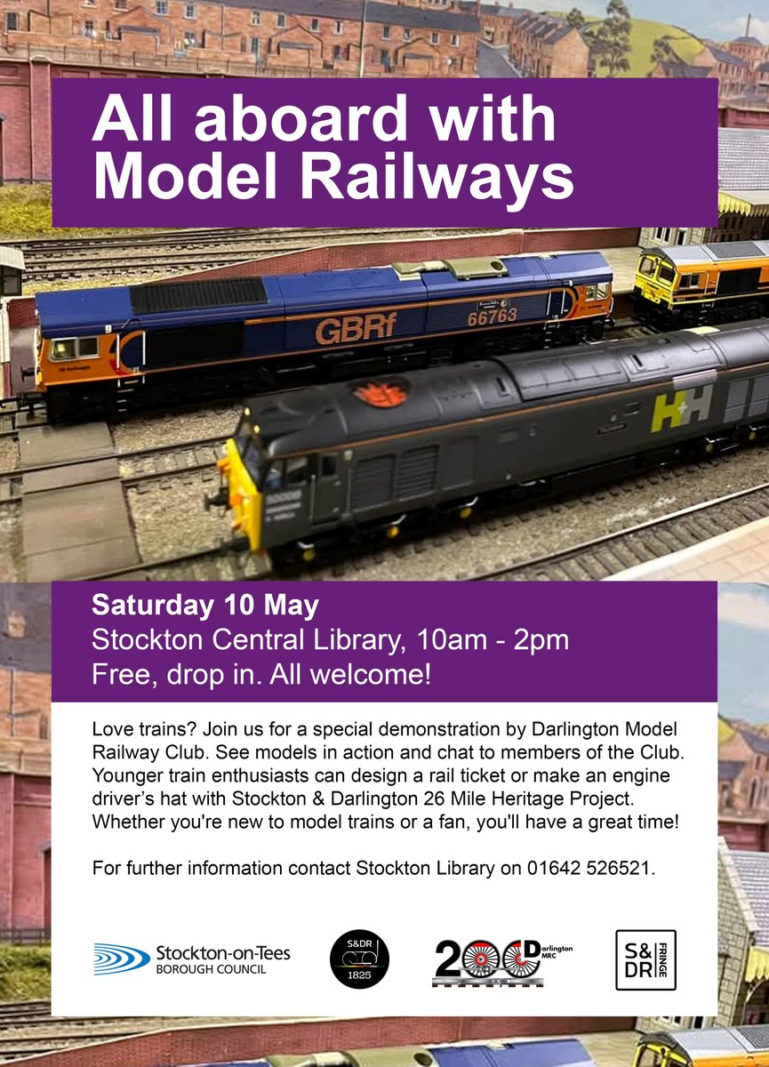 🚂 Love trains? Visit #StocktonCentralLibrary this Saturday, 10am-2pm, for a Darlington Model Railway Club demo. Watch models, chat with members, and let kids get creative with the Stockton &amp; Darlington 26 Mile Heritage Project.