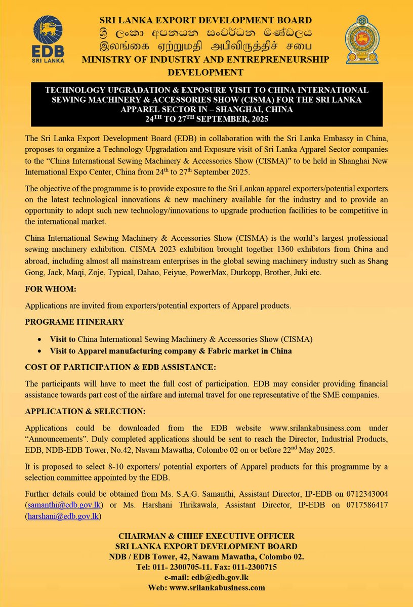 EDB_SriLanka's tweet image. Technology Upgradation &amp;amp; Exposure Visit to China International Sewing Machinery &amp;amp; Accessories Show (CISMA) for the Sri Lanka Apparel Sector
Apply Now 👉 bit.ly/434Oo4e
#TechnologyUpgradation #ExposureVisit #China #CISMA #SriLanka #Apparel