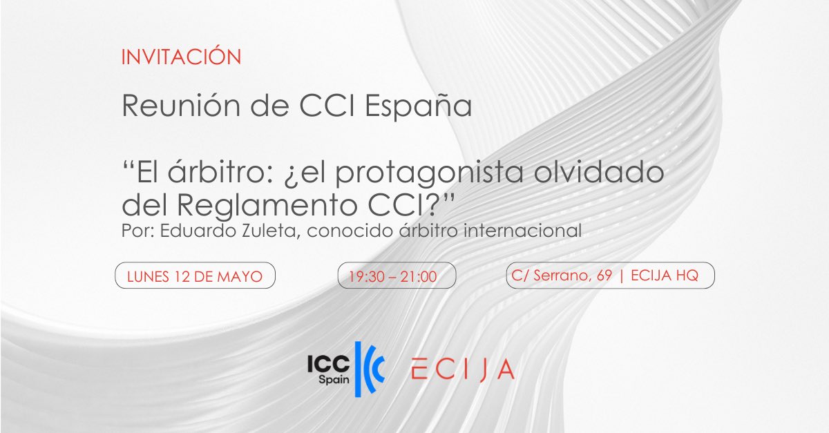 📣 Este lunes 12 de mayo, ECIJA acogerá una charla con Eduardo Zuleta, conocido árbitro colombiano a las 19h30 en sus oficinas de Madrid. 
👉🏽 Apúntate: landing.ecija.com/es/reunioncci