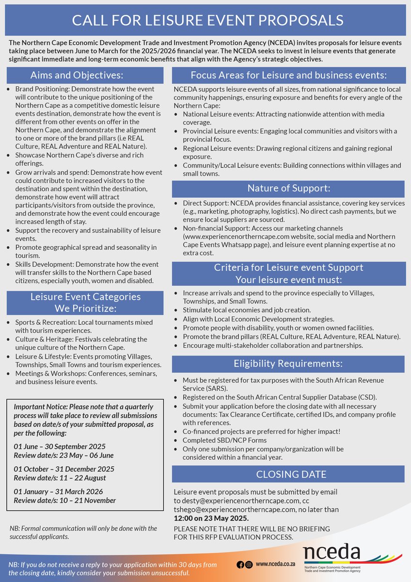 Calling all event organisers from the five regions of the Northern Cape to submit proposals as per the advert requirements.