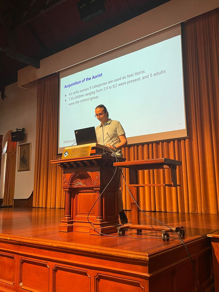Scol_Boun's tweet photo. The first presentation of today is by Kaan Bayar: "Comparison of a Morphological Learner to Child Acquisition of the Turkish Aorist" https://t.co/QMNFRGKgK8