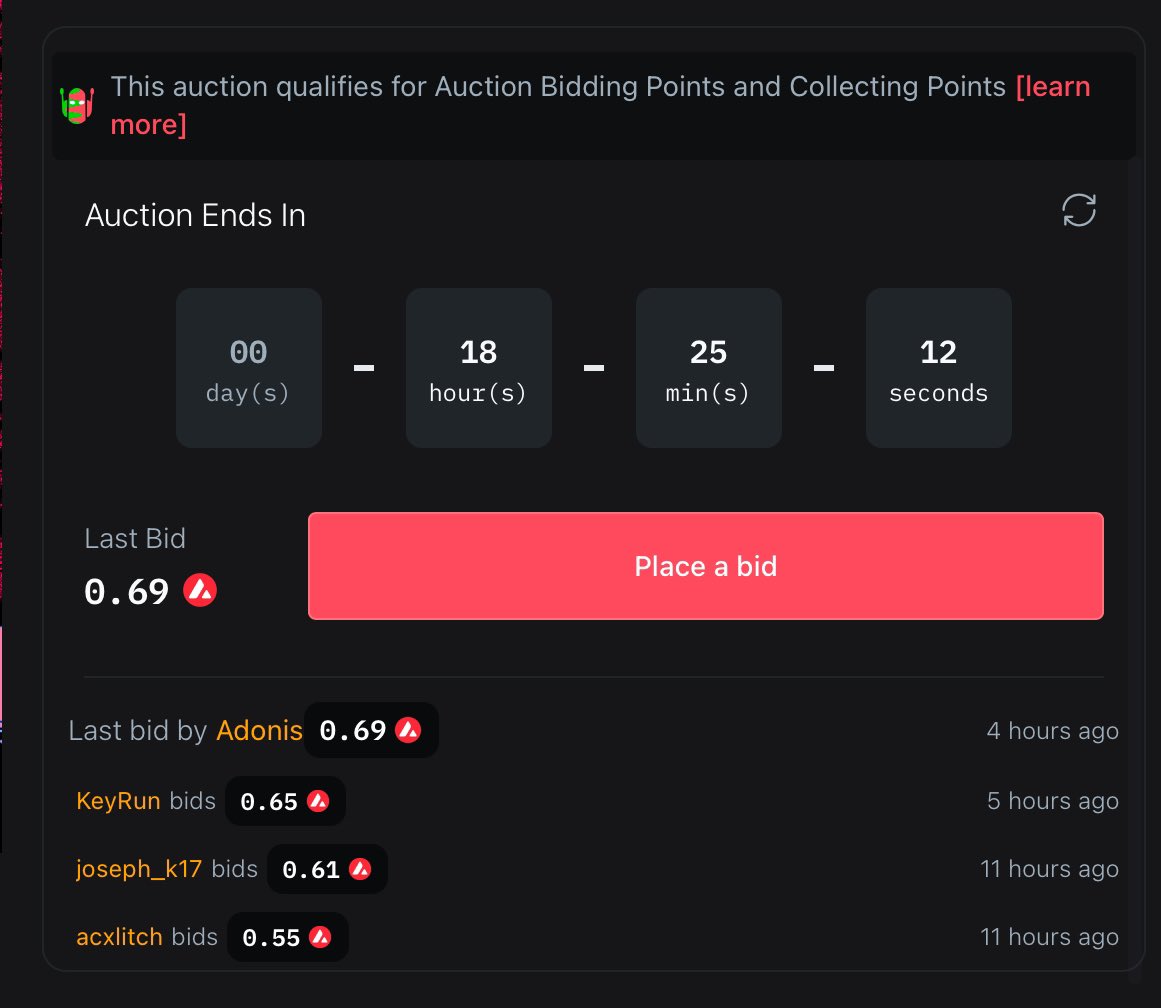 Update auction

My higher bid 0.69 🔺 by <a href="/adonissja/">Adonis</a> 
Thanks to all bidders <a href="/acxlitch/">Acxlitch 🏴</a> <a href="/joseph_k17/">joseph 🦁🔺</a> <a href="/keyrunnftart/">KeyRun</a> 
Glitch morning 👾👾