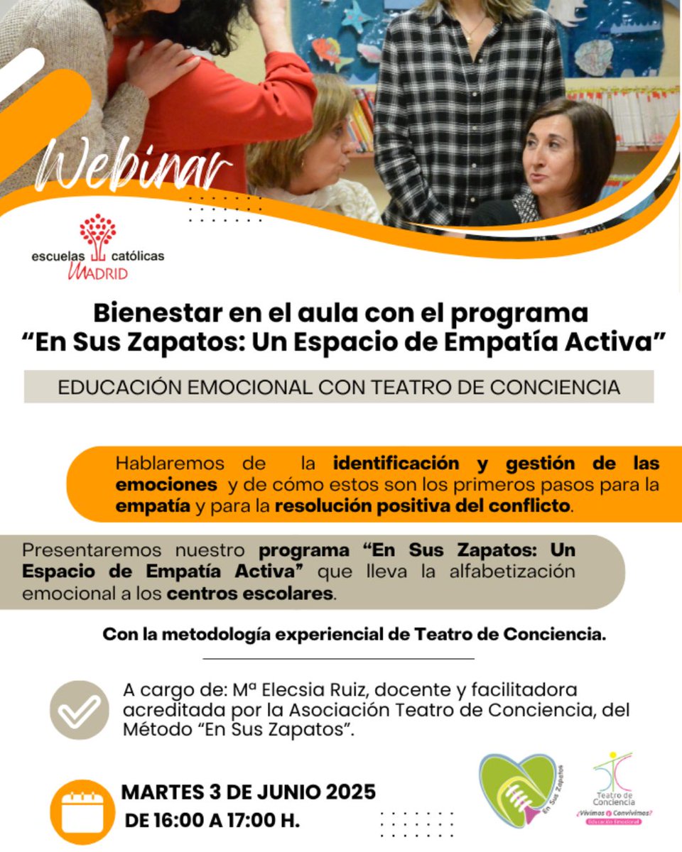 FormaciónECM (@formacionecm) on Twitter photo Webinar bienestar en el aula con el programa "En sus zapatos: Un espacio de Empatía Activa", donde hablaremos de las emociones y los primeros pasos para la empatía y resolución positiva del conflicto.
Martes 3 de Junio de 16:00 a 17:00
👉acortar.link/w0q7xF
<a href="/ecatolicmadrid/">Esc. Católicas Madrid 🧡</a> Webinar bienestar en el aula con el programa "En sus zapatos: Un espacio de Empatía Activa", donde hablaremos de las emociones y los primeros pasos para la empatía y resolución positiva del conflicto.
Martes 3 de Junio de 16:00 a 17:00
👉acortar.link/w0q7xF
<a href="/ecatolicmadrid/">Esc. Católicas Madrid 🧡</a>