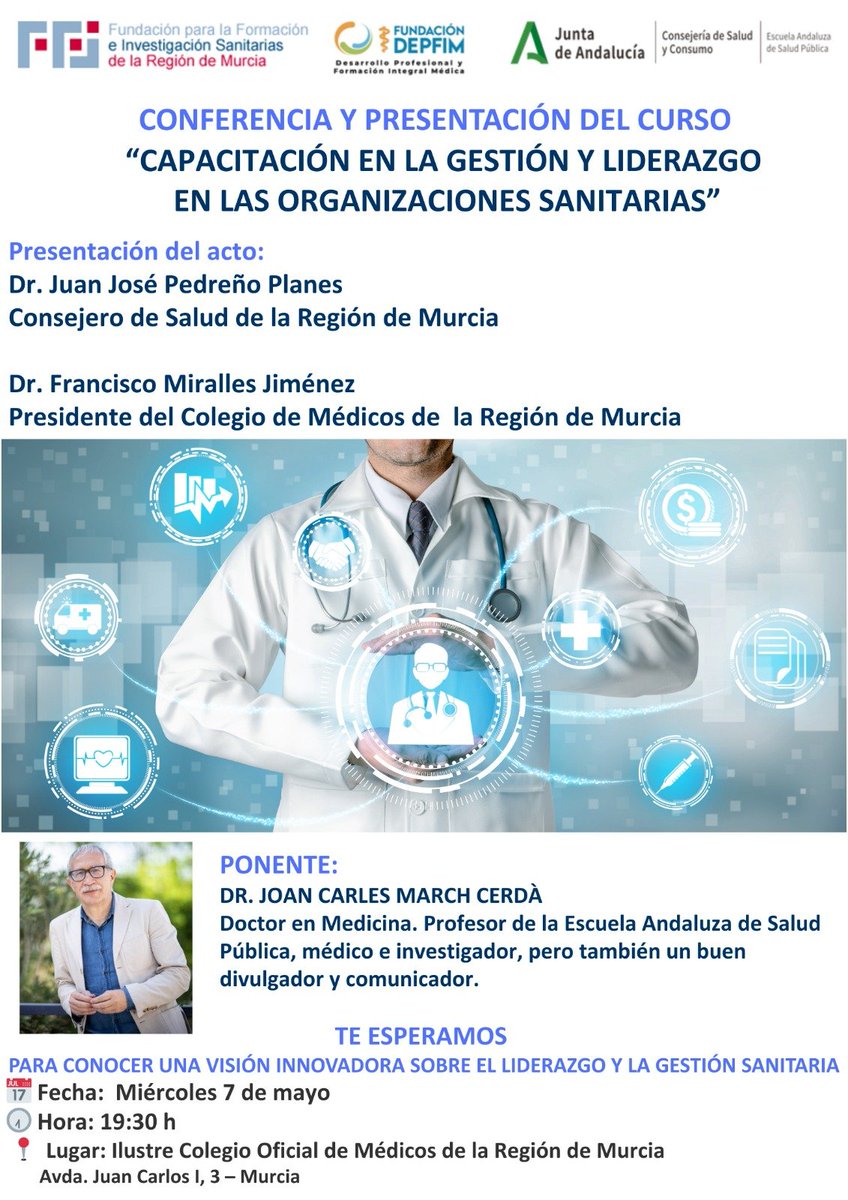 Recordamos a #nuestroscolegiados #profesiónmédica que la conferencia que acogemos esta tarde, 'Capacitación en la gestión y liderazgo en las organizaciones sanitarias' se podrá seguir en directo vía #YouTube 

📺youtube.com/@colegiodemedi…

Organizan <a href="/FDepfim/">FUNDACIÓN DEPFIM</a> <a href="/FFIS_CARM/">Fundación FFIS</a> <a href="/EASPsalud/">Escuela Andaluza SP</a>
