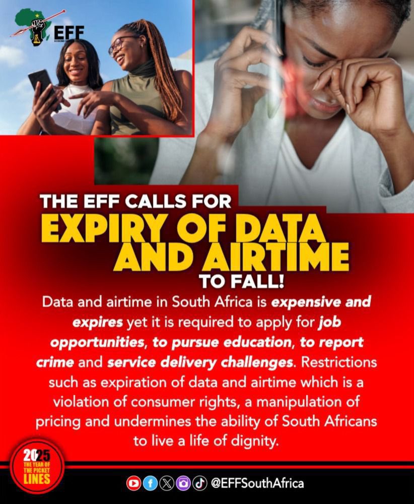 EFFSouthAfrica's tweet photo. The EFF Calls For Expiry Of Data And Airtime To Fall! 

Data and airtime in South Africa is expensive and expires, yet it is required to apply for job opportunities, to pursue education, to report crime and service delivery challenges. https://t.co/WItttdVDAS