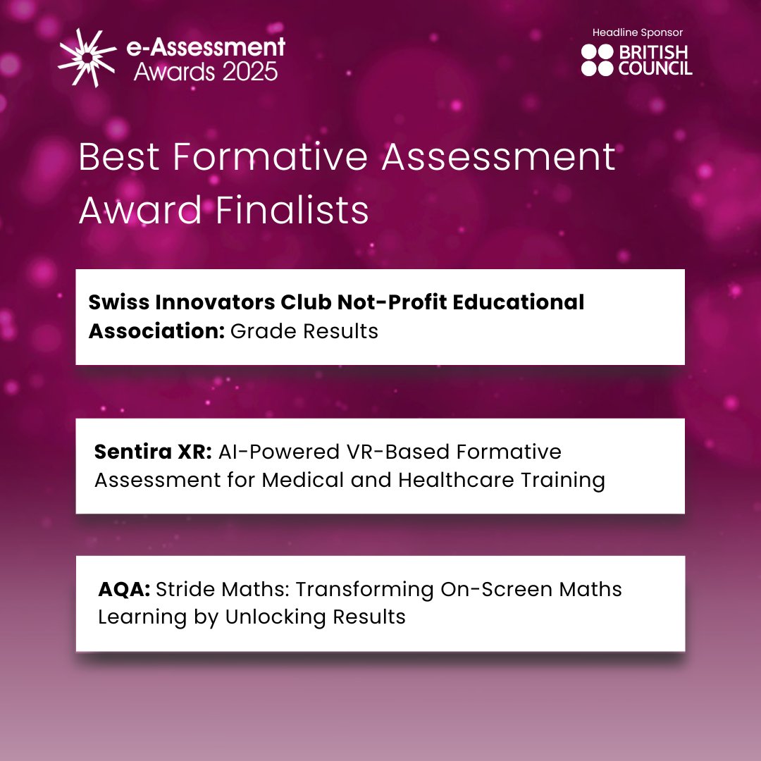 The eAssessment Association (@eassess) on Twitter photo π’ The Best Formative Assessment finalists 2025
π Congrats to Swiss Innovators Club, <a href="/SentiraXR/">Sentira XR</a> & <a href="/AQA/">AQA</a>
π Big thanks to <a href="/BritishCouncil/">British Council</a> for sponsoring the Awards!
π Check out all finalists: eu1.hubs.ly/H0jVz1n0
#EdTech #DigitalAssessment #eAA2025 π’ The Best Formative Assessment finalists 2025
π Congrats to Swiss Innovators Club, <a href="/SentiraXR/">Sentira XR</a> & <a href="/AQA/">AQA</a>
π Big thanks to <a href="/BritishCouncil/">British Council</a> for sponsoring the Awards!
π Check out all finalists: eu1.hubs.ly/H0jVz1n0
#EdTech #DigitalAssessment #eAA2025