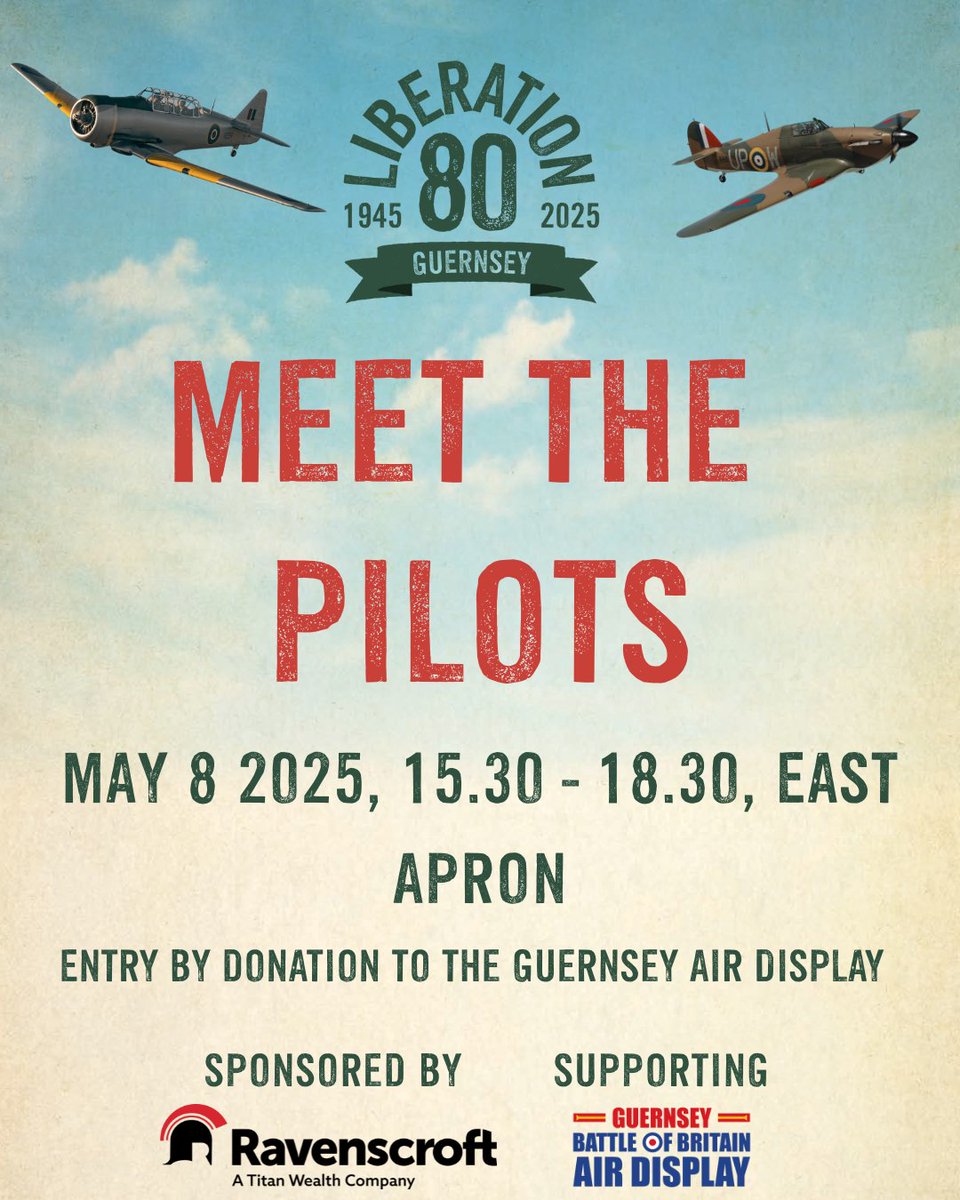 📣 Reminder – Meet the Pilots is tomorrow! Get up close to the aircraft and vehicles taking part in Liberation Day – and chat to the crew behind them.

🕞 15:30–18:30📍 East Apron, Guernsey Airport

Thanks to @RavenscroftGB for your continued support.

#LibDay80 #MeetThePilots