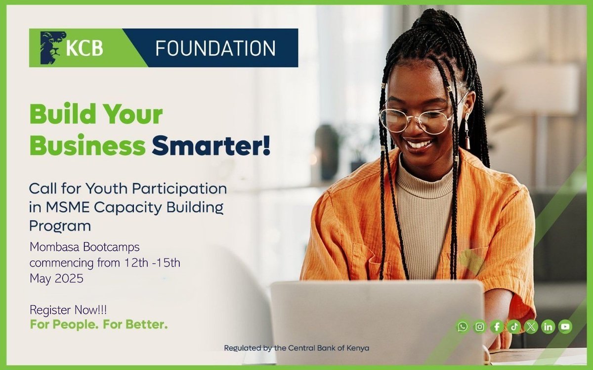 KCB Foundation in partnership with <a href="/JumuiyaBloc/">Jumuiya ya Kaunti za Pwani</a> &amp; Pwani University are offering business training &amp; mentorship for youth MSMEs in Mombasa. Venues: Royal Castle Hotel on 12th &amp; 13th May, Premium Inn Hotel on 14th &amp; 15th May. To participate, register here:
bit.ly/3VqYg5z