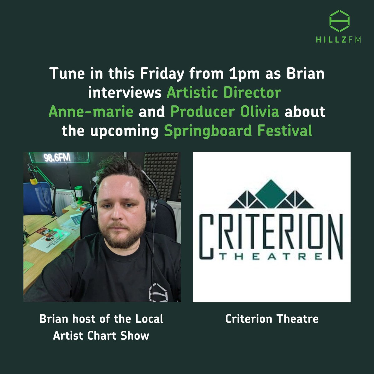 HillzFM's tweet image. Tune in this Friday from 12pm for the Local Artist Show! From 1pm an interview with Artistic Director Anne-marie &amp;amp; Producer Olivia about #Springboard2025 - coming May 10–17 at The Criterion Theatre. A full week of art, music &amp;amp; drama awaits! 🌟 #CovIsCreative #SupportLocalArtists