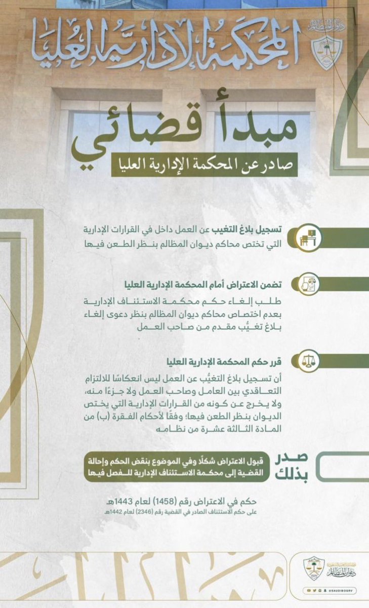 a000a013's tweet photo. #إلغاء_بلاغ_التغيب 
‼️ عدم اختصاص المحاكم #العمالية بدعاوى إلغاء بلاغ تغيب #العامل عن العمل الصادر من مكتب العمل ، و إنما هي من اختصاص المحاكم #الإدارية. https://t.co/dODZqquT9M