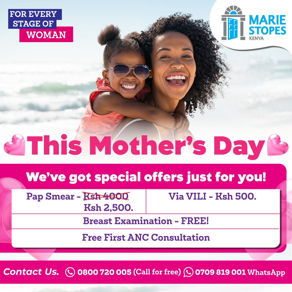 💖 This Mother’s Day, we celebrate YOU! 💖
We’ve got amazing offers just for you at all Marie Stopes Kenya clinics 💐

✨ Free Breast Examination
✨ Free First ANC Consultation

Because every woman deserves care at every stage of life.
📞 Call us toll-free: 0800 720 005
📱