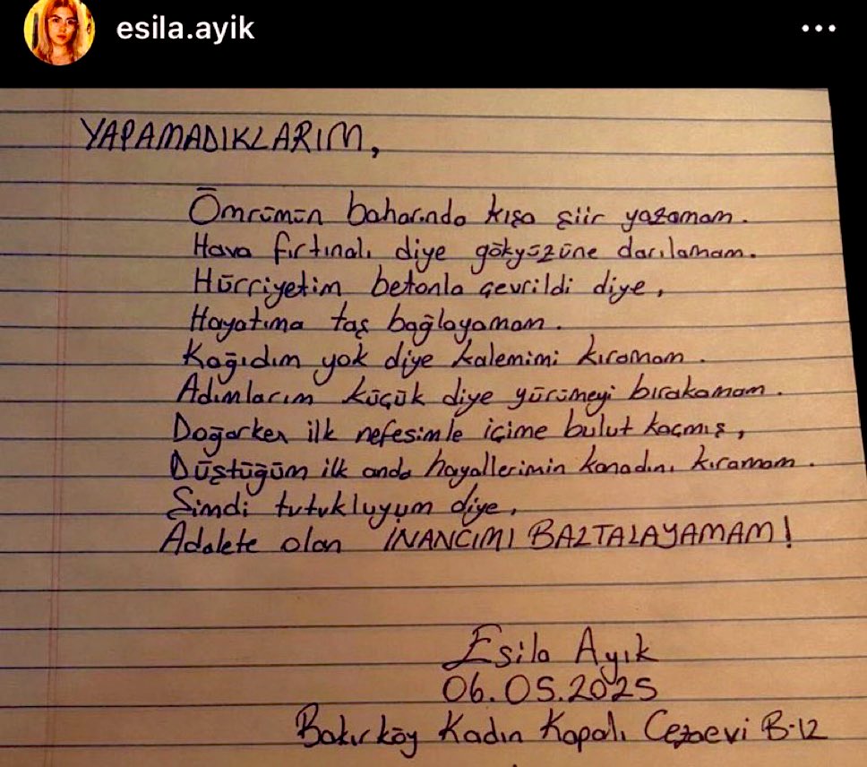 Hürriyetim betonla çevrildi diye, hayatıma taş bağlayamam.

ESİLA SERBEST BIRAKILSIN!