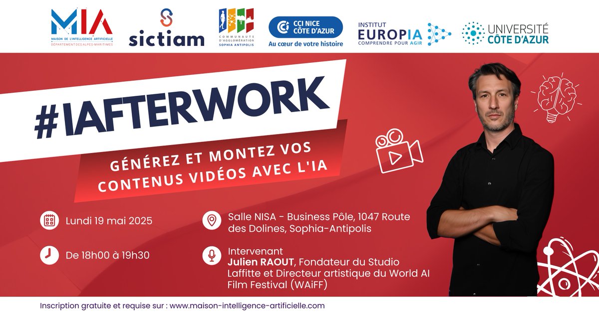 Maison de l'Intelligence Artificielle (@maison_ia) on Twitter photo 🎬 IAFTERWORK - Générez et montez vos contenus vidéos avec l'#IA 📽
🗓 Lundi 19 mai 2025
🕘 18h00-19h30
📍 Business Pôle #SophiaAntipolis
💬 Astuces + cas concrets avec Julien RAOUT
<a href="/studiolaffitte/">Studio Laffitte</a>
🎟 Inscription obligatoire : maison-intelligence-artificielle.com/agenda/iafterw… 🎬 IAFTERWORK - Générez et montez vos contenus vidéos avec l'#IA 📽
🗓 Lundi 19 mai 2025
🕘 18h00-19h30
📍 Business Pôle #SophiaAntipolis
💬 Astuces + cas concrets avec Julien RAOUT
<a href="/studiolaffitte/">Studio Laffitte</a>
🎟 Inscription obligatoire : maison-intelligence-artificielle.com/agenda/iafterw…