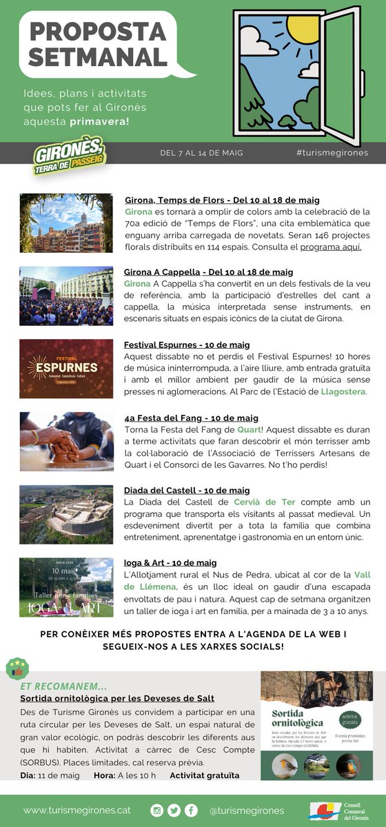 🌷 Maig florit, amb un programa ben divertit! 🌷

🗓️ Consulta la nostra #PropostaSetmanal del 7 al 14 de maig al #Gironès! 👇🏽

➡️ turismegirones.cat/wp-content/upl…

📬 Entra al web i SUBSCRIU-TE per rebre-la cada setmana abans que ningú!

#turismegirones