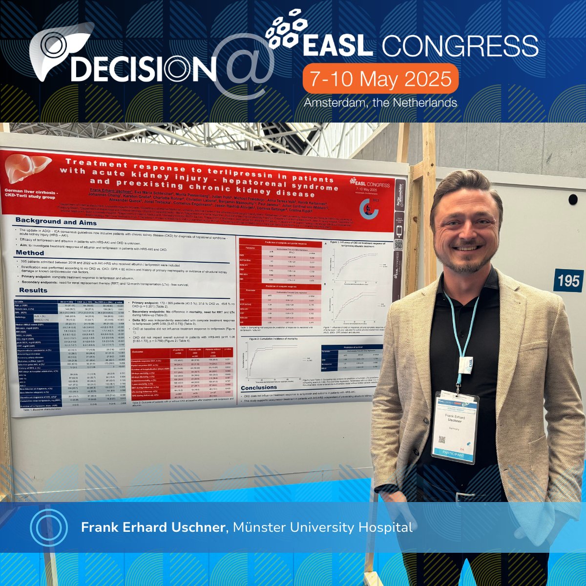 Decision4Liver (@decision4liver) on Twitter photo Good morning from #EASL2025!
🧪 Treatment response to Terlipressin in patients with acute kidney injury - hepatorenal syndrome and preexisting chronic kidney disease – the German liver cirrhosis / CKD-Terli study group
#POSTER WED-194-YI by <a href="/UschnerFrank/">Frank Uschner</a> (UM) Good morning from #EASL2025!
🧪 Treatment response to Terlipressin in patients with acute kidney injury - hepatorenal syndrome and preexisting chronic kidney disease – the German liver cirrhosis / CKD-Terli study group
#POSTER WED-194-YI by <a href="/UschnerFrank/">Frank Uschner</a> (UM)