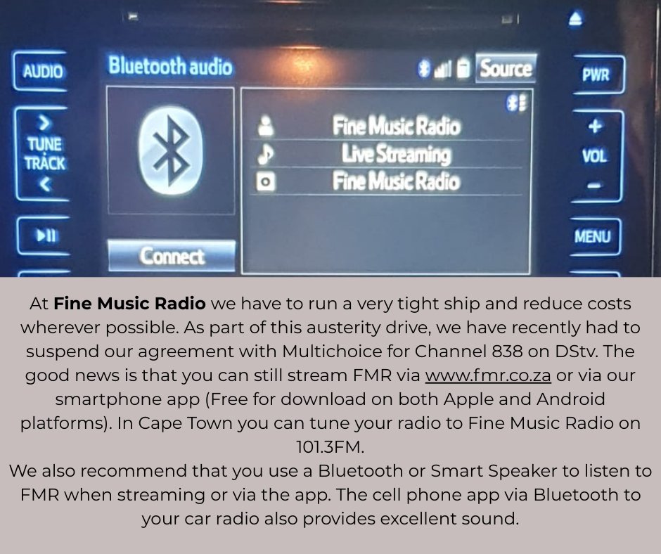 At #finemusicradio we have to reduce costs thus we have suspended our agreement with Multichoice for Channel 838 on DStv. The good news is that you can still stream FMR via fmr.co.za or via our smartphone app - free for download on both Apple and Android platforms