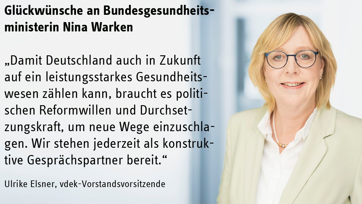 vdek Presse (@vdek_presse) on Twitter photo #UlrikeElsner gratuliert💐<a href="/ninawarken/">Nina Warken</a> zum Amt der #Bundesgesundheitsministerin und wünscht viel Glück🍀+ Erfolg. Ob der angespannten Finanzlage von #GKV und SPV gelte es, schnell + mutig zu handeln und zu einnahmeorientierter Ausgabenpolitik zurückzukommen:vdek.com/presse/pressem… #UlrikeElsner gratuliert💐<a href="/ninawarken/">Nina Warken</a> zum Amt der #Bundesgesundheitsministerin und wünscht viel Glück🍀+ Erfolg. Ob der angespannten Finanzlage von #GKV und SPV gelte es, schnell + mutig zu handeln und zu einnahmeorientierter Ausgabenpolitik zurückzukommen:vdek.com/presse/pressem…
