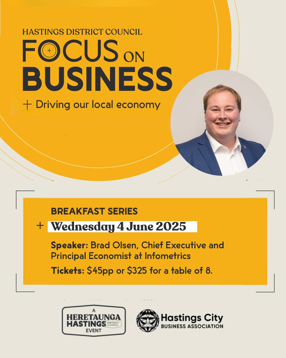 📊 Join us for Focus on Business with Brad Olsen

Get the latest economic insights for 2025 from Infometrics CEO &amp; Principal Economist Brad Olsen.

🗓 Wed 4 June | 🕖 7am
📍 Functions on Hastings, Toitoi

🔗 Register now: bit.ly/4d4C7BH 
#BradOlsen #GreatThingsGrowHere