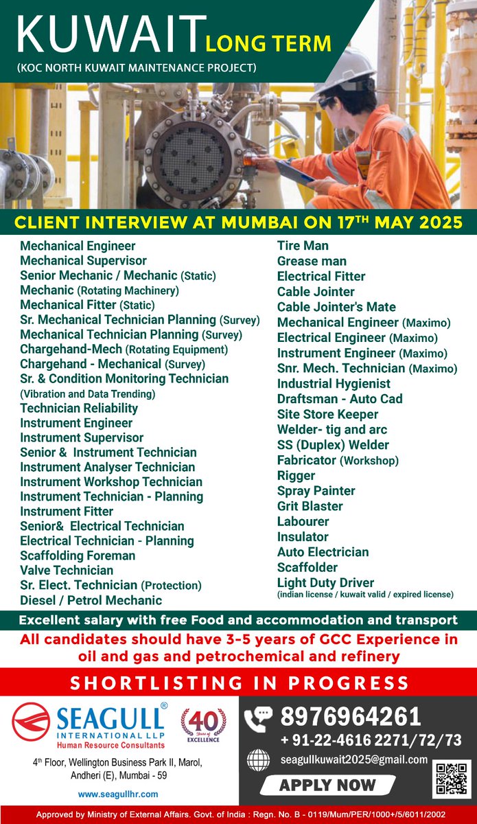 hrd1_seagull's tweet image. 🇰🇼Kuwait Jobs
📝Client Interview On 17th May 
📍Location - Mumbai
. 

.

.
#kuwaitjobs #mechanicalengineer #sitestorekeeper #spraypainter
