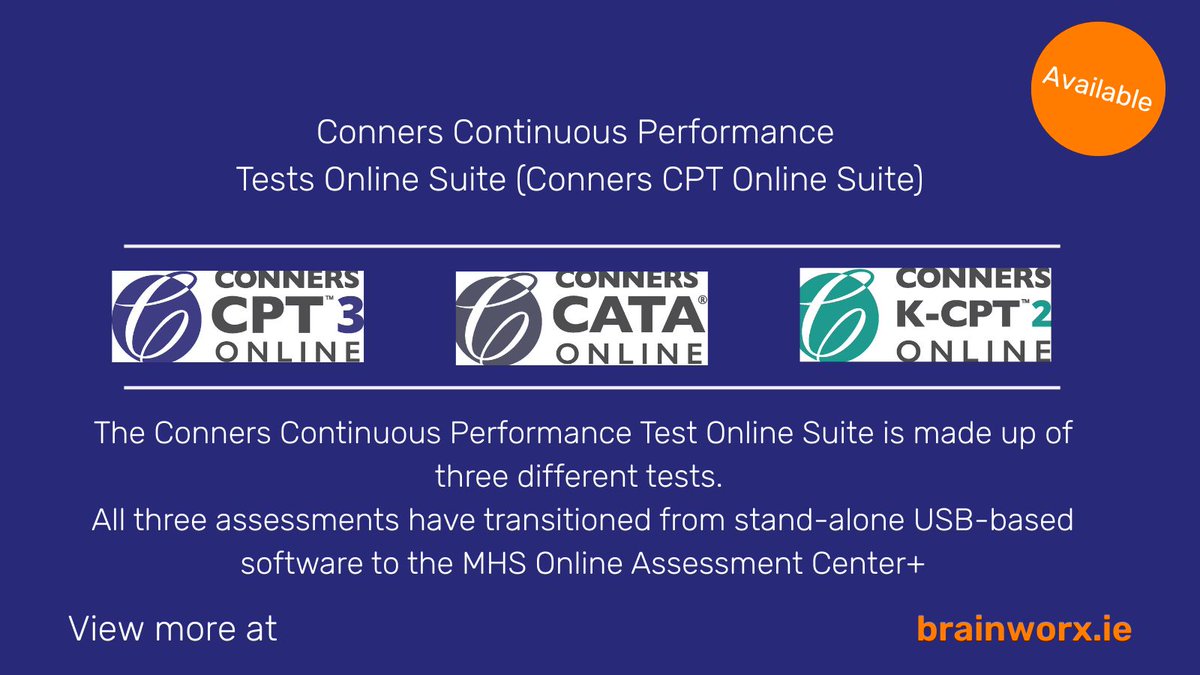 The Conners Continuous Performance Test Online Suite is made up of three different tests. 

Learn more:
brainworx.ie/in-the-worx/37…

#ConnersKCPT2Online #ConnersCPT3Online #ConnersCATAOnline #ConnersKCPT2 #ConnersCPT3 #ConnersCATA