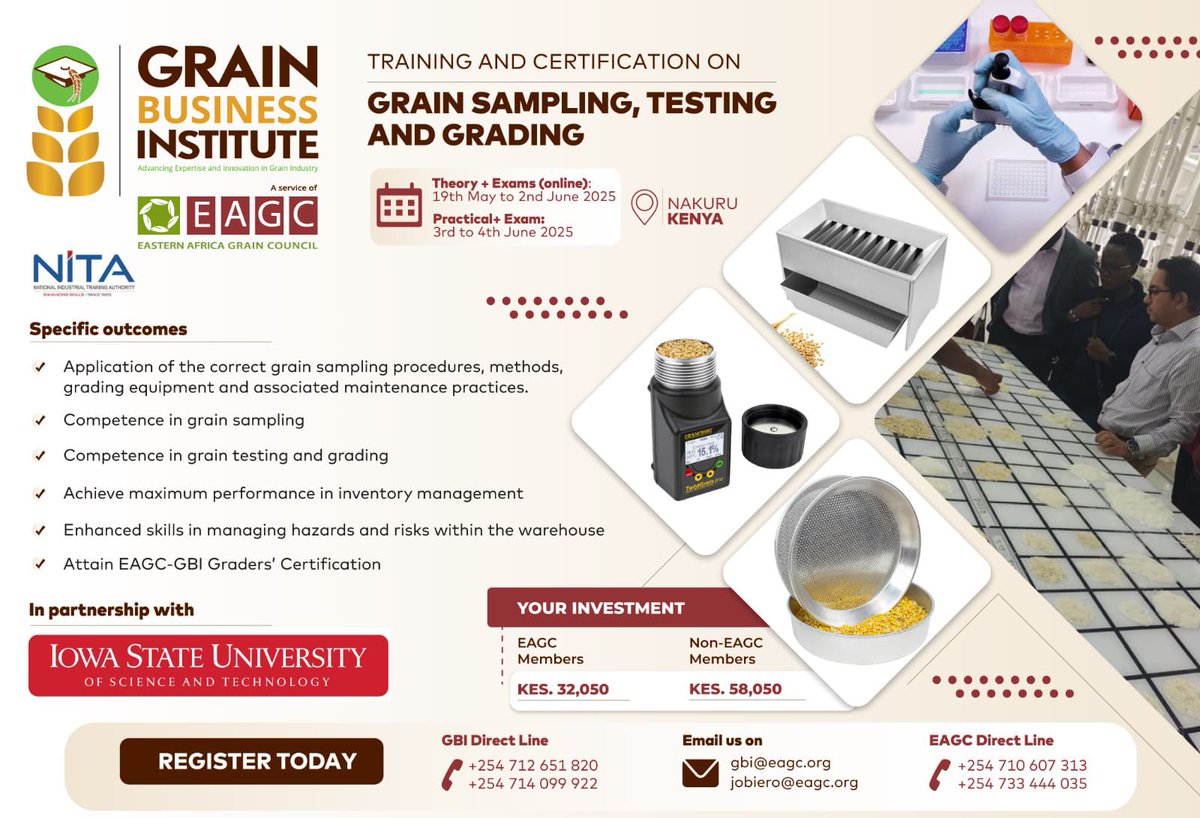 @EAGrainCouncil (@eagraincouncil) on Twitter photo Poor grain quality equals lost markets, rejected consignments & food safety risks. Are you confident in your sampling, testing, and grading skills?
The integrity of East Africa’s grain trade depends on quality assurance. That’s why <a href="/GBI_EAGC/">EAGC - Grain Business Institute (EAGC-GBI)</a> is offering a Hybrid Training on Poor grain quality equals lost markets, rejected consignments & food safety risks. Are you confident in your sampling, testing, and grading skills?
The integrity of East Africa’s grain trade depends on quality assurance. That’s why <a href="/GBI_EAGC/">EAGC - Grain Business Institute (EAGC-GBI)</a> is offering a Hybrid Training on