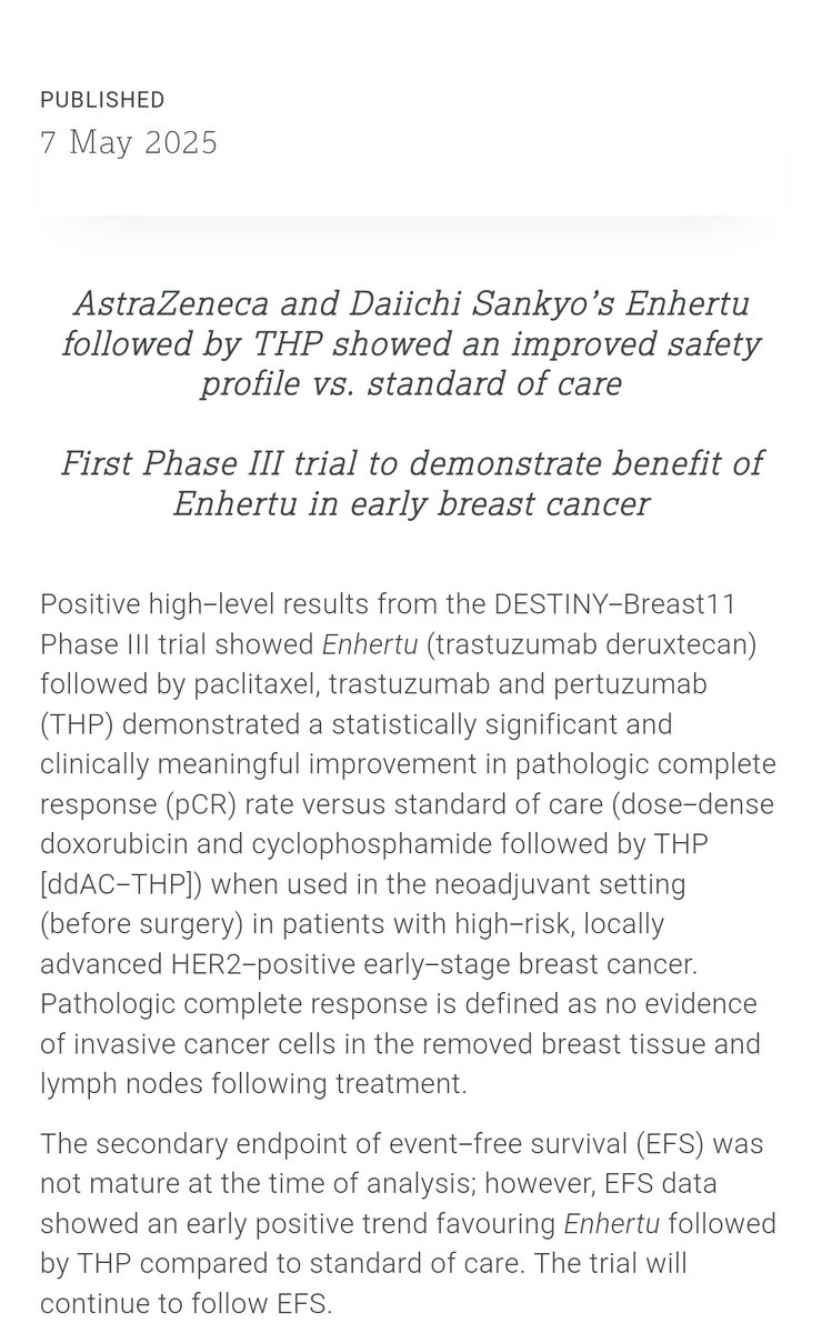 🚨 BREAKING | Press Release today
DESTINY-Breast11 🧪
Neoadjuvant Enhertu ➕ THP showed ⭐ statistically significant &amp; clinically meaningful improvement in pCR vs ddAC➕THP
In high-risk ⚠️, locally advanced HER2+ 🧬 early breast cancer
Early EFS trend 📈 also favored Enhertu!