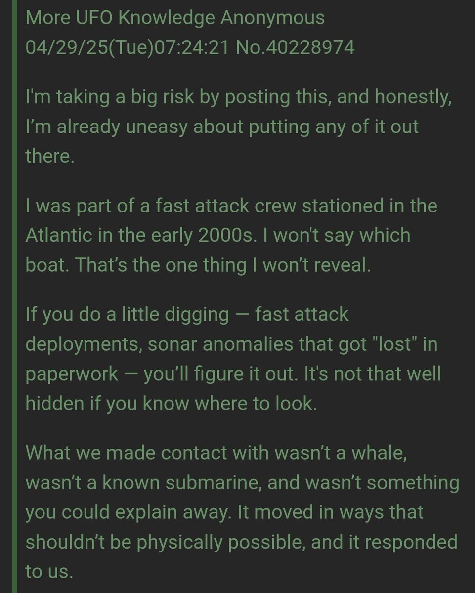 ParaN_rmal's tweet photo. new 4chan leak

Most of the "whistleblowers" they parade around are controlled leaks — distractions meant to keep you staring at the sky while ignoring what’s beneath you.

The only one who’s been close to the truth was the guy who posted about the underwater UAP fabrication site https://t.co/HZJuSDAzUH