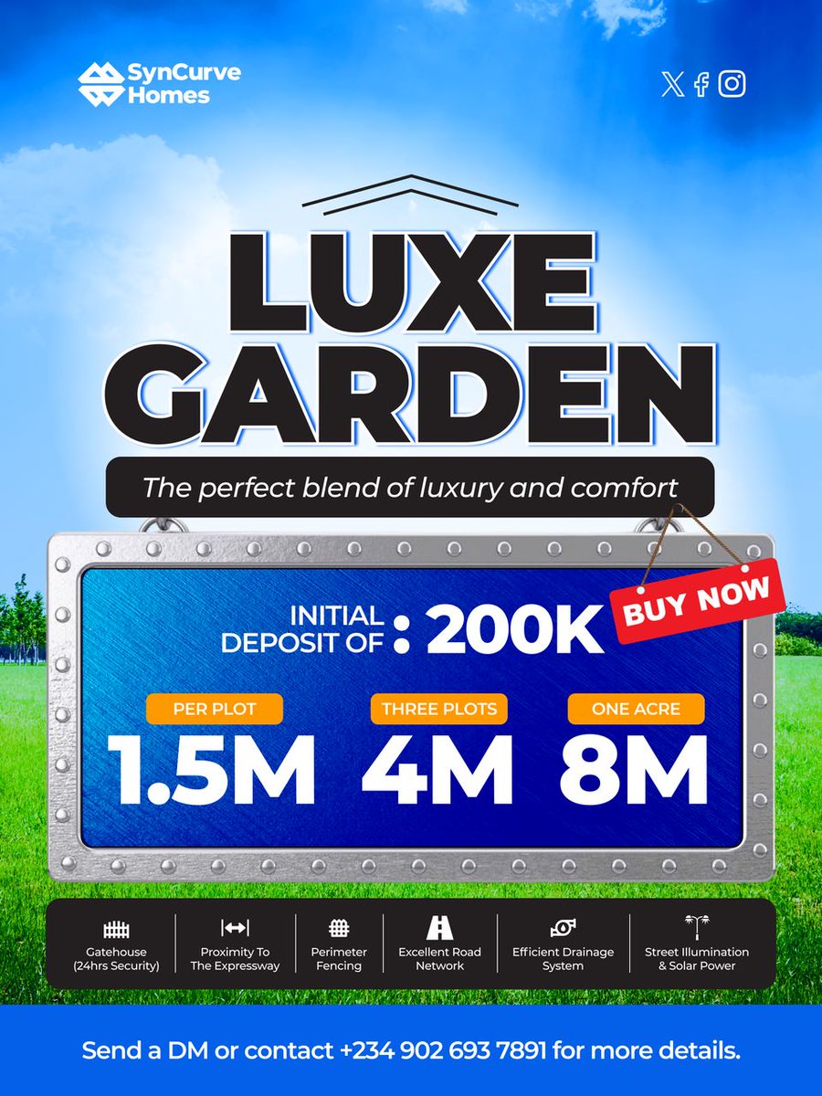 Your dream of owning land is now closer than ever.

With just ₦200,000 initial deposit, you can secure your own piece of paradise! 🌳🏡

24/7 Security  
Proximity to the Expressway

#SynCurveHomes #LuxeGarden #LandInvestment #RealEstateNigeria #LandOwnership Barca