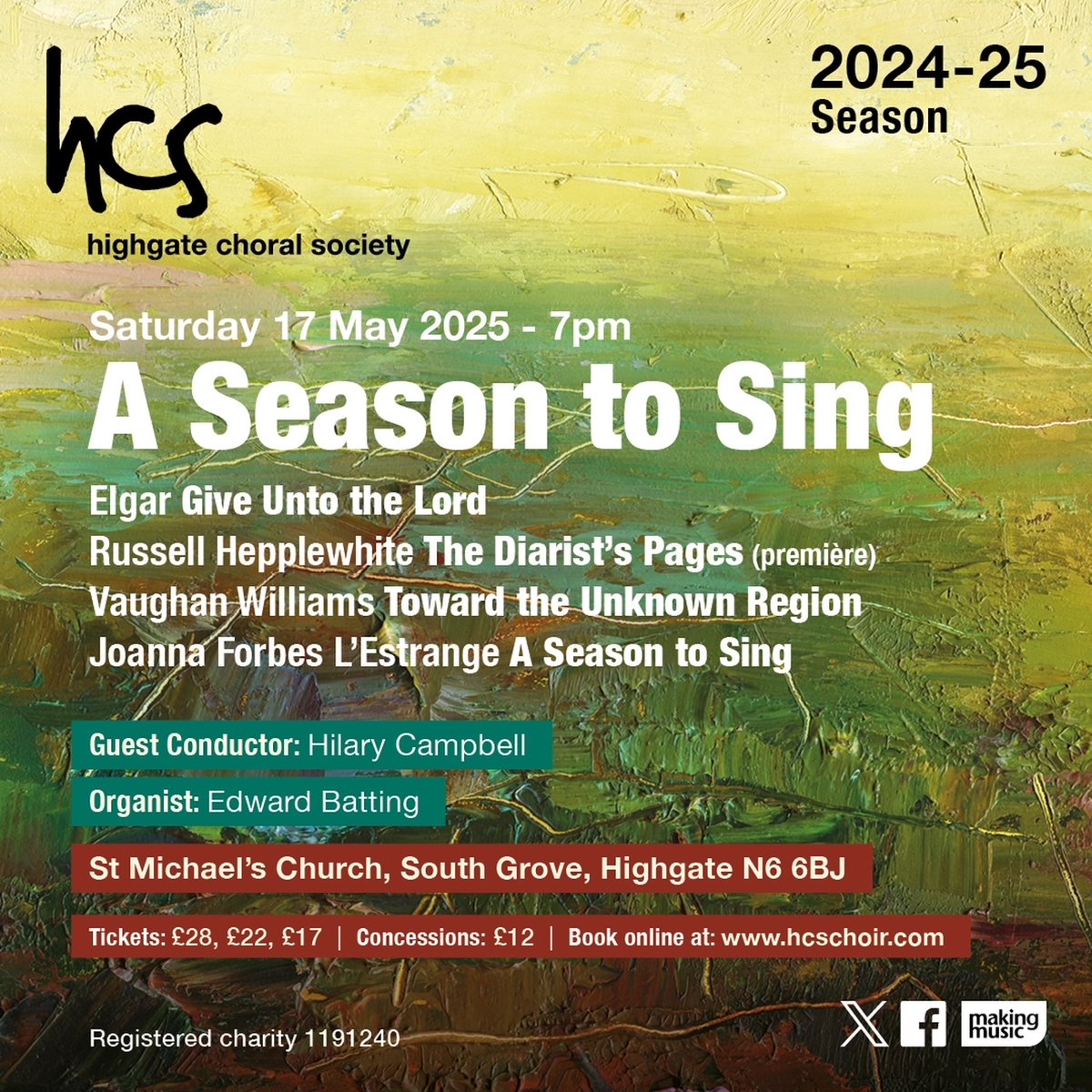 Highgate Choral Society (@highgatechoral) on Twitter photo Our May concert: Joanna Forbes L’Estrange's A Season to Sing, a re-imagining of Vivaldi’s Four Seasons; Vaughan Williams; Elgar and the world premiere of The Diarist's Pages by @Russhepplewhite and Joseph Coelho. Not to be missed! <a href="/stainerandbell/">Stainer & Bell</a> Tickets: ticketsource.co.uk/highgatechoral Our May concert: Joanna Forbes L’Estrange's A Season to Sing, a re-imagining of Vivaldi’s Four Seasons; Vaughan Williams; Elgar and the world premiere of The Diarist's Pages by @Russhepplewhite and Joseph Coelho. Not to be missed! <a href="/stainerandbell/">Stainer & Bell</a> Tickets: ticketsource.co.uk/highgatechoral