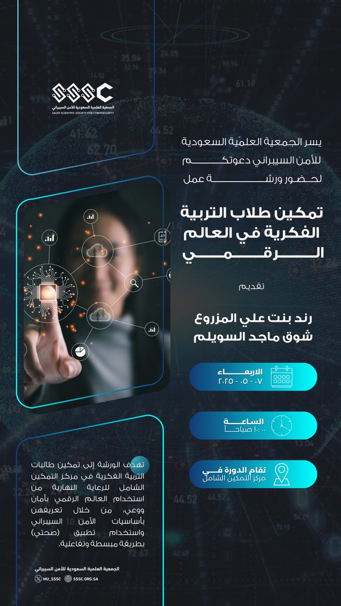 💡 تمكين... ووعي رقمي مستدام

يسرنا مشاركتكم جانبًا من ورشة العمل:
"تمكين طلاب التربية الفكرية في العالم الرقمي"
التي قدمتها الأستاذتان:
رند بنت علي المزروع
شوق ماجد السويلم
📍 مركز التمكين الشامل
🗓 الأربعاء | 07-05-2025
⏰ 10:00 صباحًا
#Cybersecurity #الأمن_السيبراني