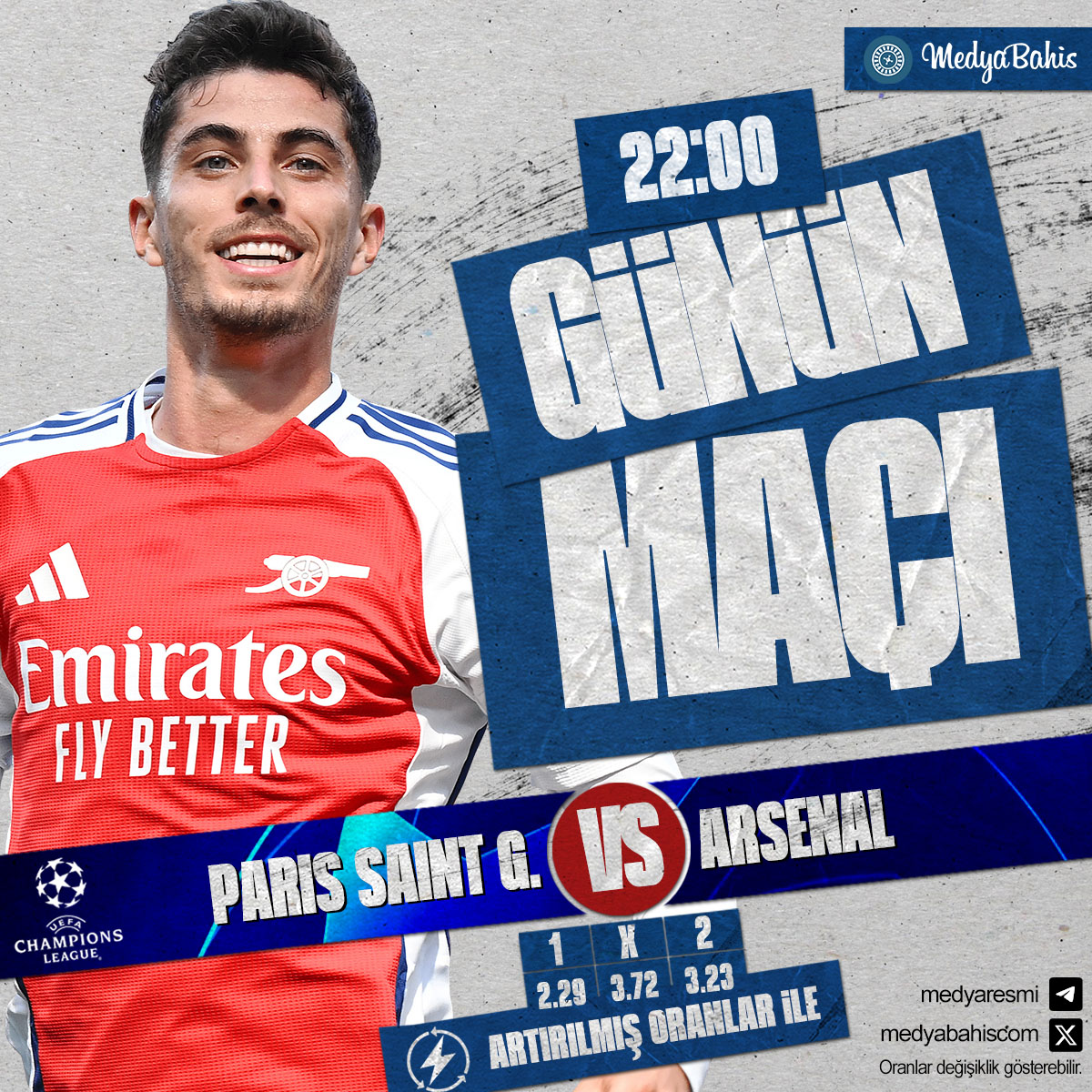 🏆 Medya'da Günün Şampiyonlar Ligi Maçı!
⚽️ Paris Saint German❌Arsenal
➡️ cutt.ly/3eUUNOPy
🎁 %100 Risksiz Bahis ile Medya'da!
