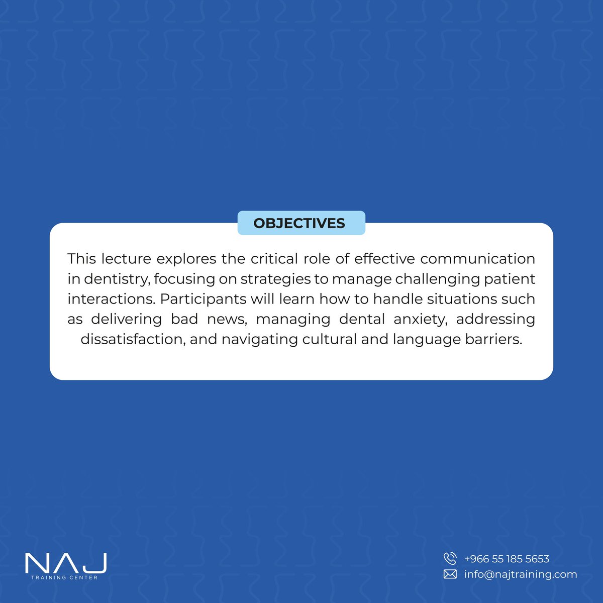 najtraining (@najtraining) on Twitter photo "WORDS THAT HEAL: NAVIGATING CHALLENGING CONVERSATIONS IN DENTISTRY”
🔹Online Lecture 🔹
Speaker:
Dr. Abdullah Alwohaibi
<a href="/Alwohaibi_A/">Abdullah Alwohaibi</a>
🗓️ Tuesday 20-5- 2025
⏱️ 7 PM - 9 PM
💻 Zoom
🌐 najtraining.com/products
#NAJ "WORDS THAT HEAL: NAVIGATING CHALLENGING CONVERSATIONS IN DENTISTRY”
🔹Online Lecture 🔹
Speaker:
Dr. Abdullah Alwohaibi
<a href="/Alwohaibi_A/">Abdullah Alwohaibi</a>
🗓️ Tuesday 20-5- 2025
⏱️ 7 PM - 9 PM
💻 Zoom
🌐 najtraining.com/products
#NAJ