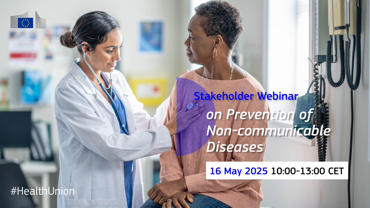 📣 Register now: EU webinar on Non-Communicable Diseases (NCDs)!
Join us for an insightful webinar focusing on the EU's strategic agenda for addressing cardiovascular diseases in this mandate.
📅 16 May 2025 
⏲️ 10:00-13:00 CEST 
📍 Online
🔗europa.eu/!rBmhww
#HealthUnion