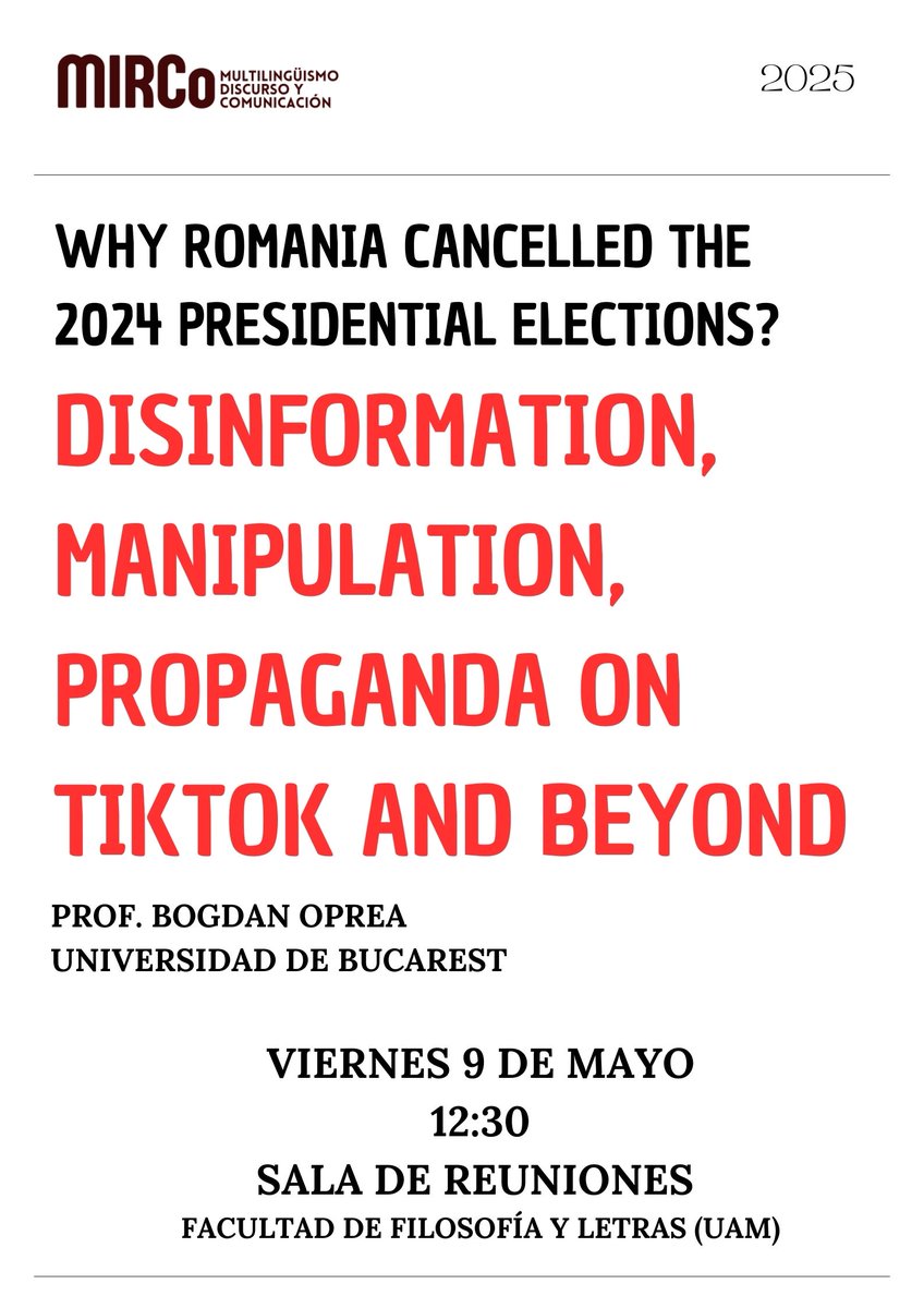 El prof. Bogdan Oprea (Univ. De Bucarest), especialista sobre desinformación, este viernes 9 de mayo a las 12:30 en <a href="/FyL_UAM/">Filosofía y Letras | UAM</a>