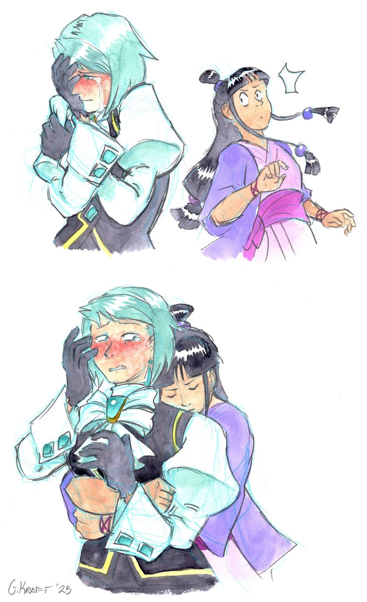 GraceKraft's tweet photo. Franziska is a bit awkward at comforting someone crying, but Maya is an old pro

- - -
#aceattorney #franmaya #franmayamonth #FranMAYa2025 https://t.co/tWt5KY96Hv