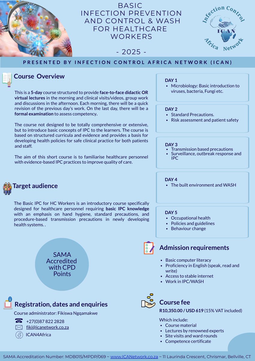 ICANetwork (@icafricanetwork) on Twitter photo Basic Infection Prevention and Control/WASH for Healthcare Workers
Course Dates: 2–6 June 2025
Apply now: forms.office.com/r/D50RNLJRfM
Contact: Fikiswa Ngqamakwe – fiki@icanetwork.co.za
Office: 087 822 2828 Basic Infection Prevention and Control/WASH for Healthcare Workers
Course Dates: 2–6 June 2025
Apply now: forms.office.com/r/D50RNLJRfM
Contact: Fikiswa Ngqamakwe – fiki@icanetwork.co.za
Office: 087 822 2828
