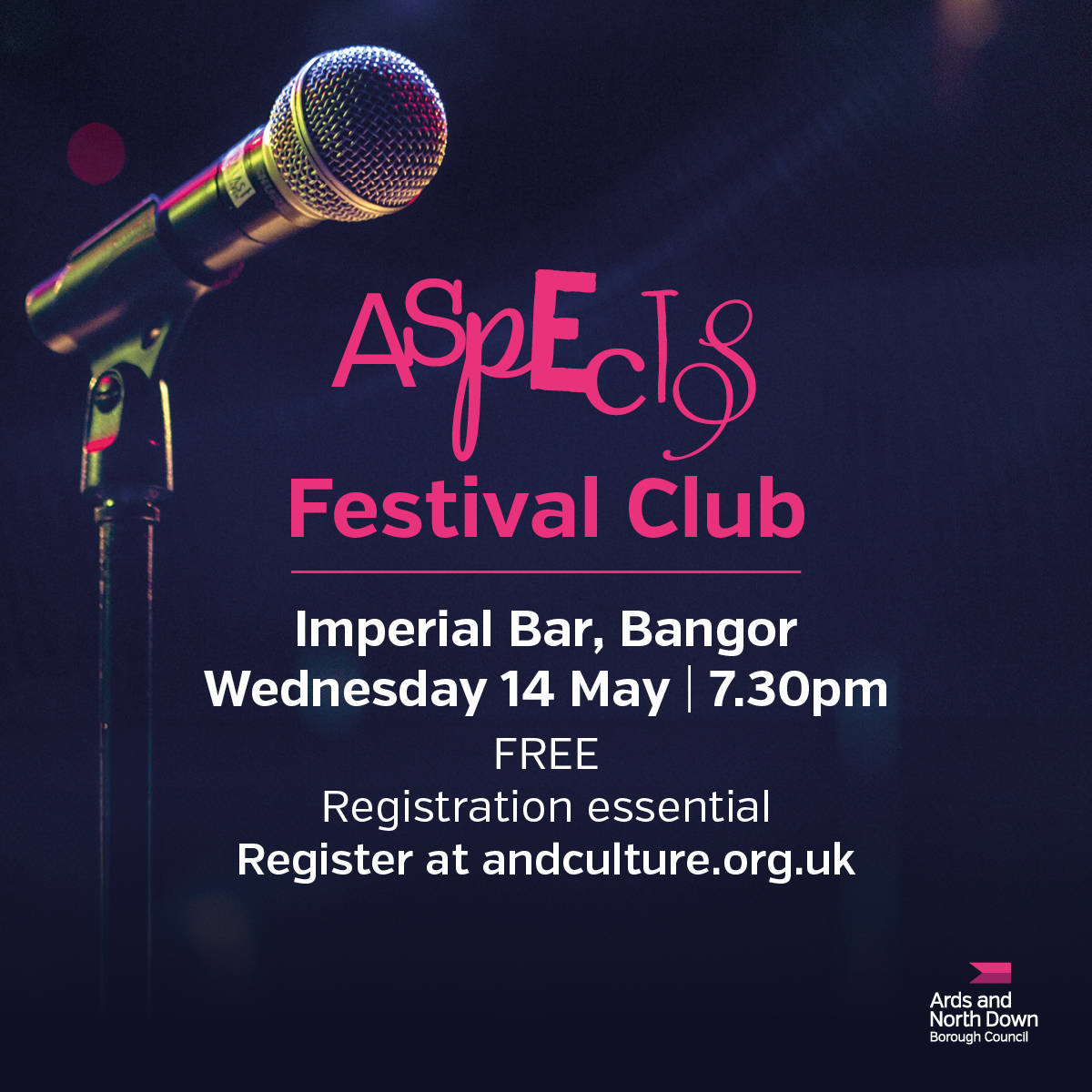 The next Aspects Festival Club event is happening at the Imperial Bar, Bangor on Wednesday 14 May!

Join us as we open the floor to participants to showcase their writing talents.

All are welcome! 

Register at: andculture.org.uk/whats-on/aspec…